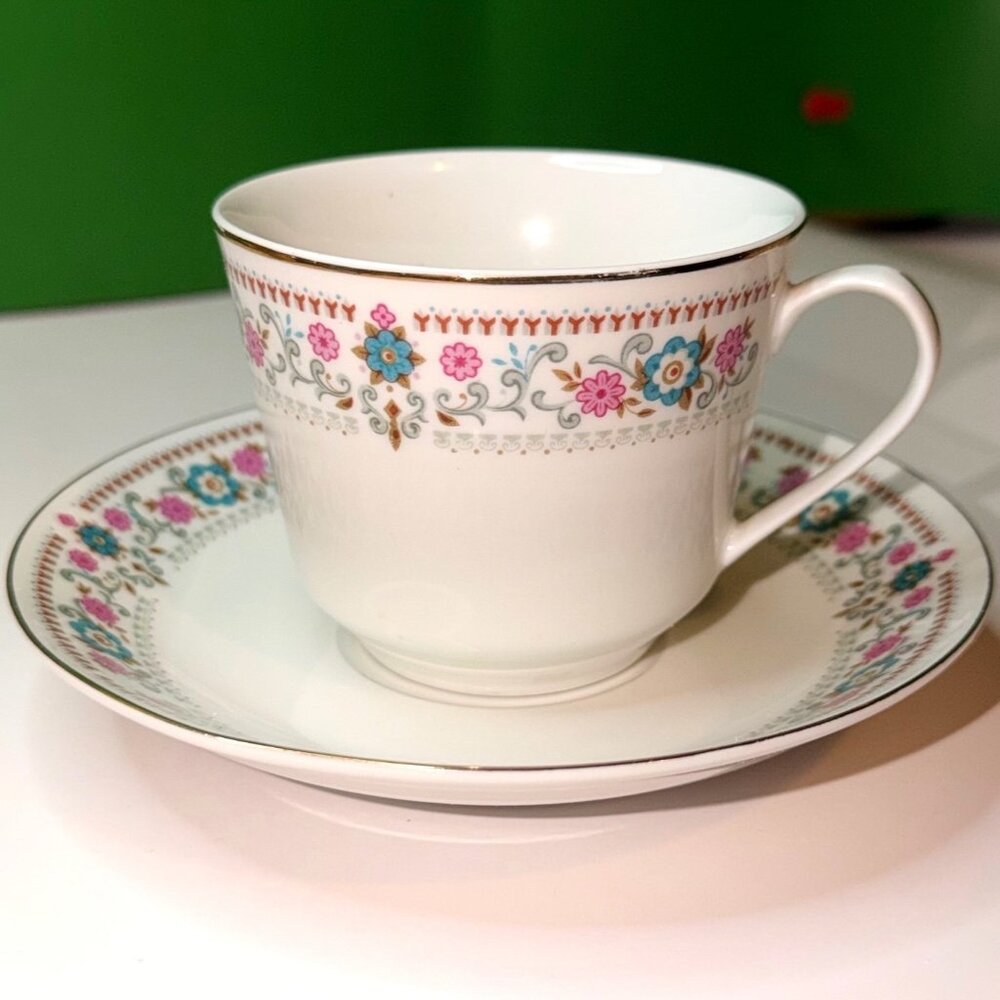 Vintage Floral China Cup Saucer Pink Turquoise Border Gold Trim Taiwan 80s 1980s